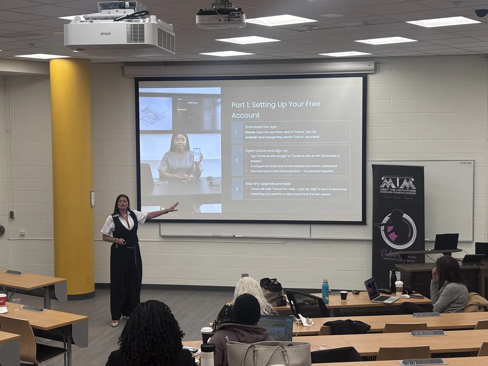 Tara Myshrall presenting AI learning content in a classroom workshop.